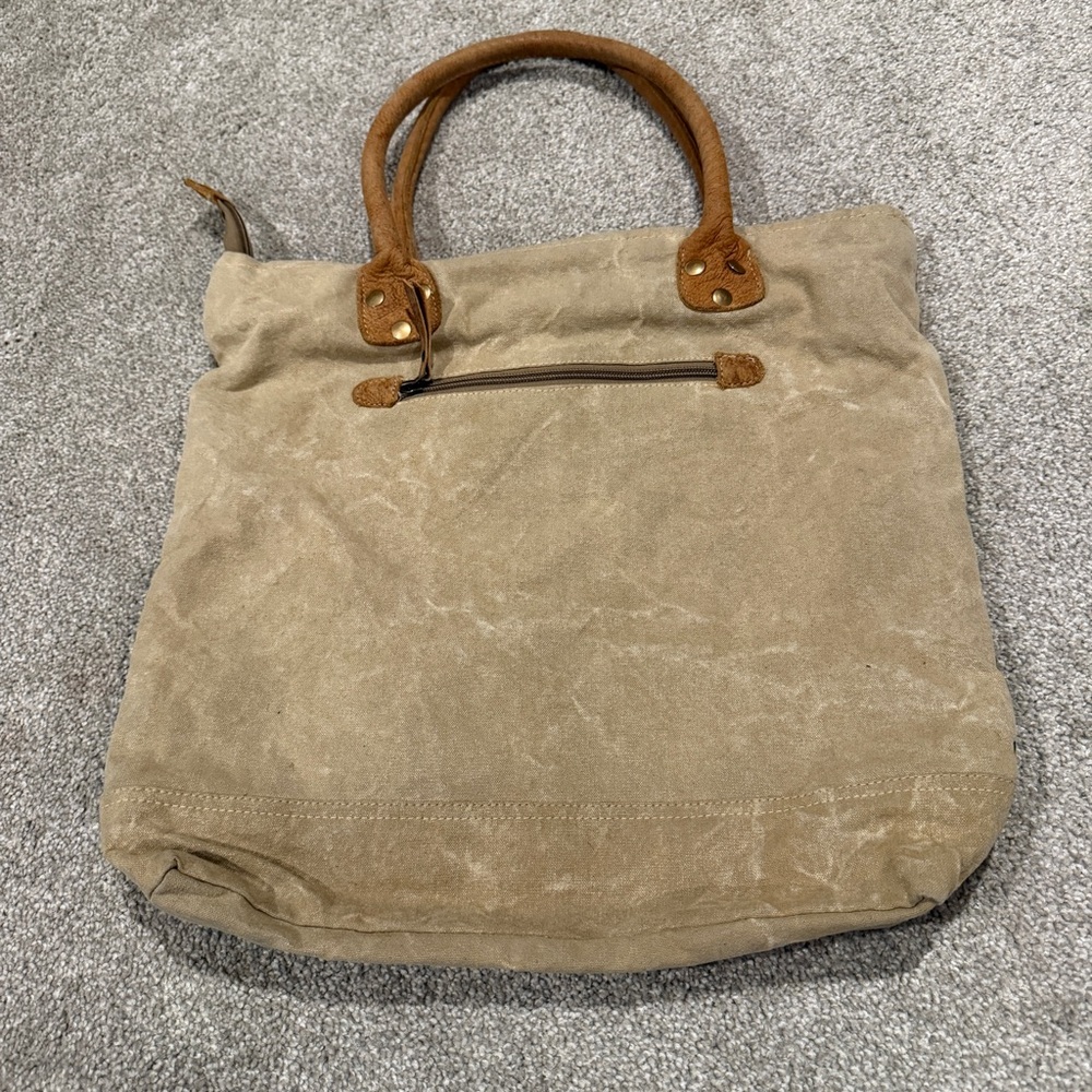 Chloe & Lex Leather Cow Hide Cotton Recycled Canvas Patchwork Tote Bag - Picture 2 of 12
